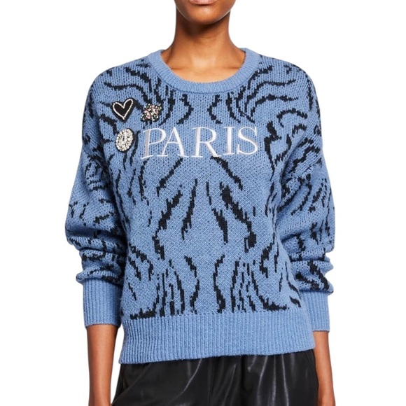 Cinq à Sept Paris Rhinestone Applique Wool Animal Patterned Sweater - Picture 1 of 9